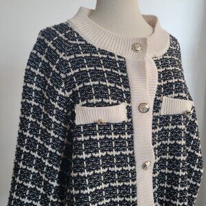 J.X.Y.C.  Tweed-style Black Knit Cardigan with Gold Buttons (Size: S)